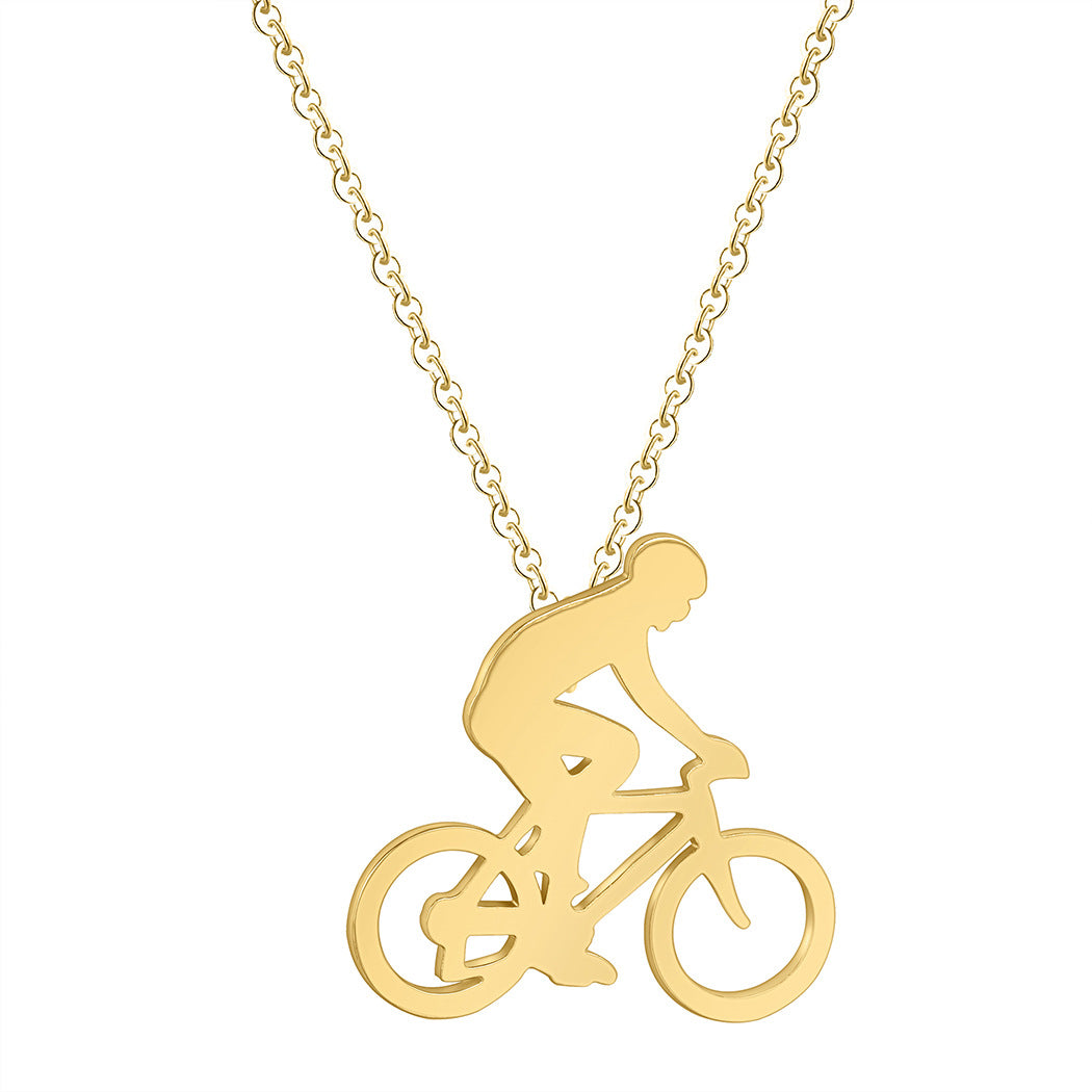 Gold necklace with a cyclist pendant on a white background