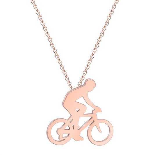 Rose gold necklace with a cycling pendant on a white background