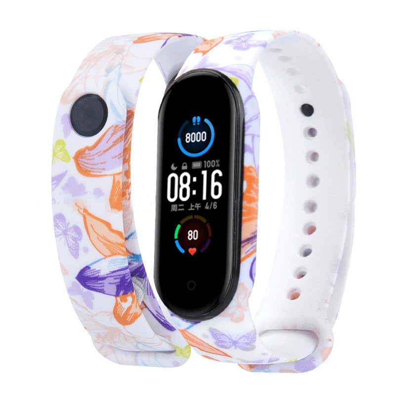 Smartwatch with a colorful floral band on a white background