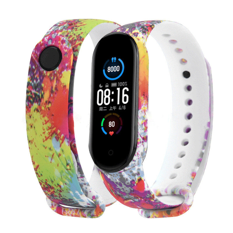 Colorful smartwatch with a patterned band on a white background