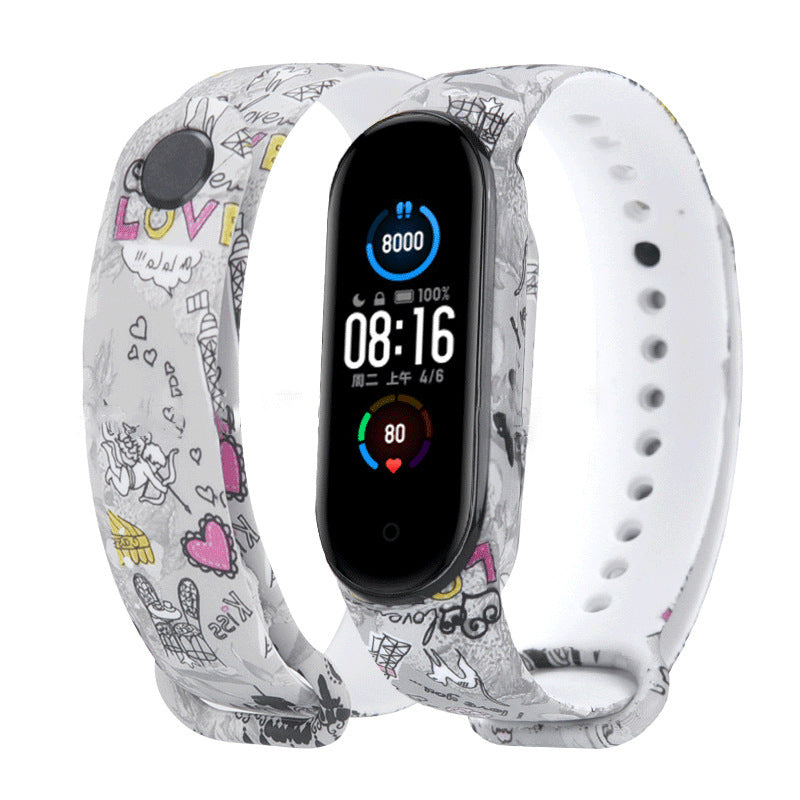 Smartwatch with a colorful patterned band on a white background