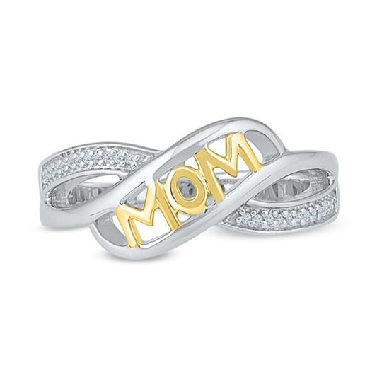Silver and gold ring with 'MOM' engraving on a white background