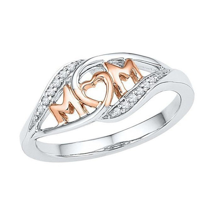 Silver ring with 'MOM' engraving in rose gold on a white background