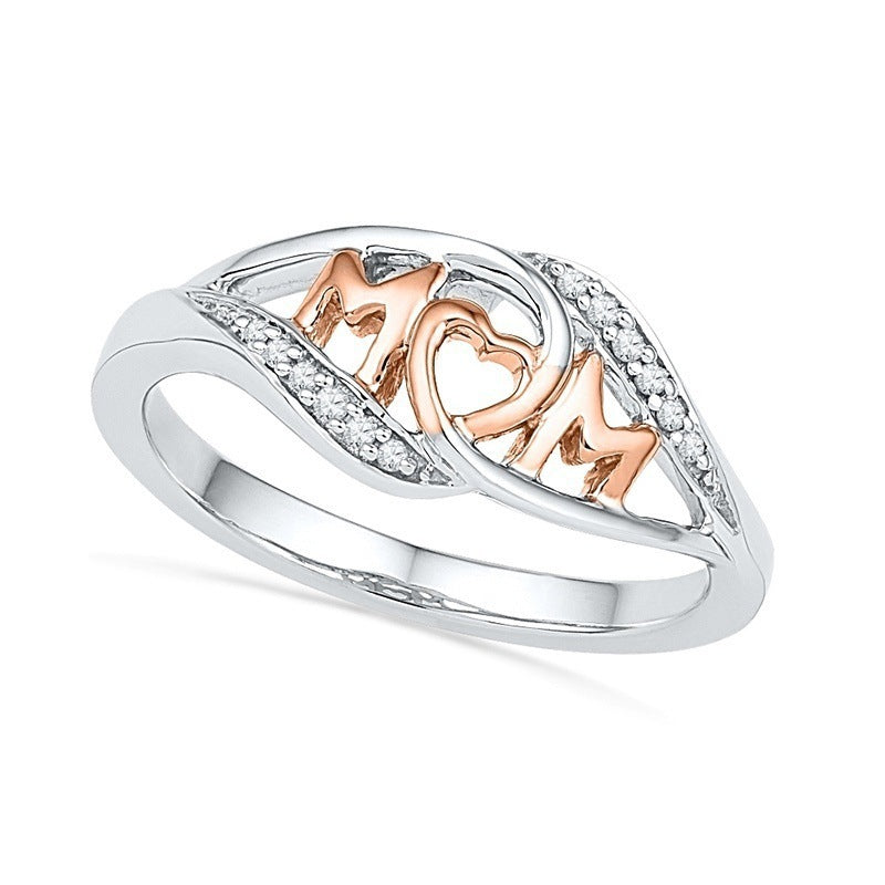 Silver ring with 'MOM' engraving in rose gold on a white background