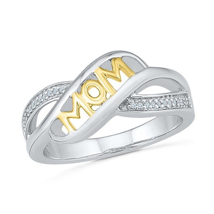 Two-tone ring with 'MOM' engraving on a white background
