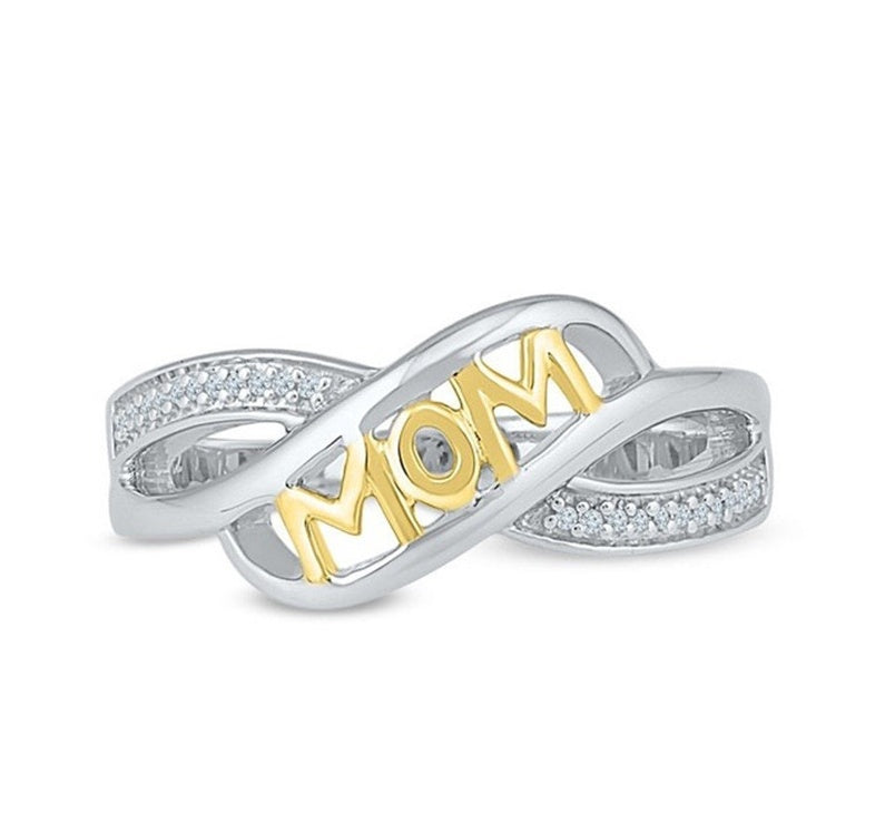 Two interlocking rings with 'MOM' in gold on a white background