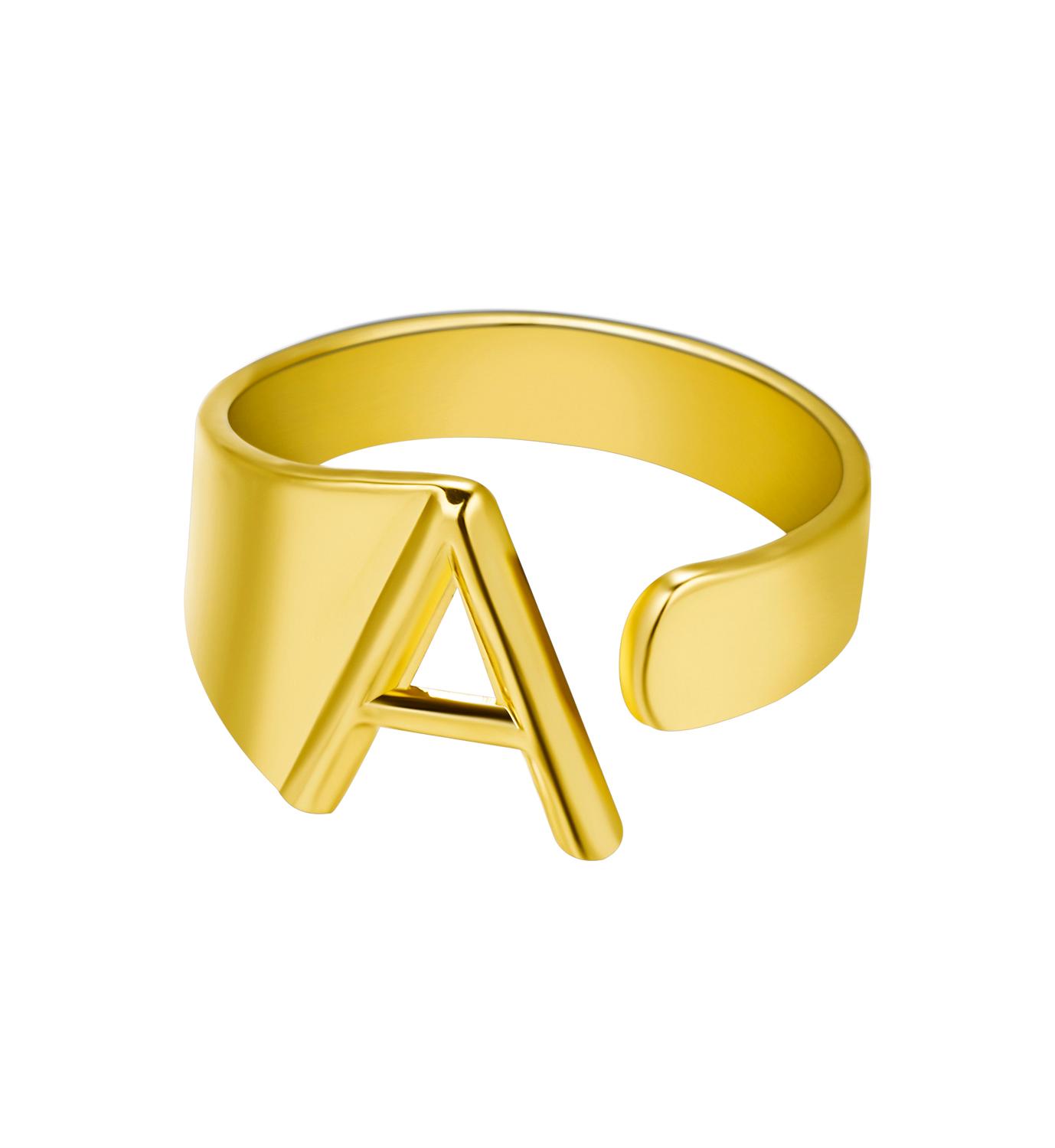 Gold ring with letter 'A' on a white background
