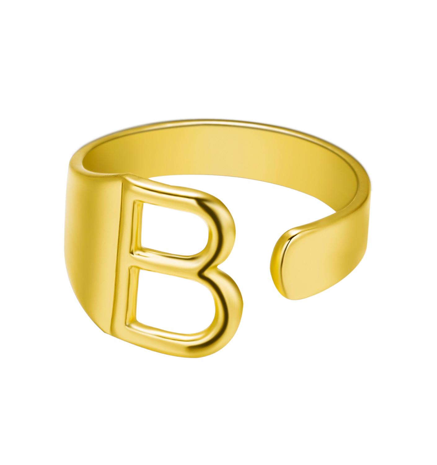Gold ring with letter 'B' on a white background