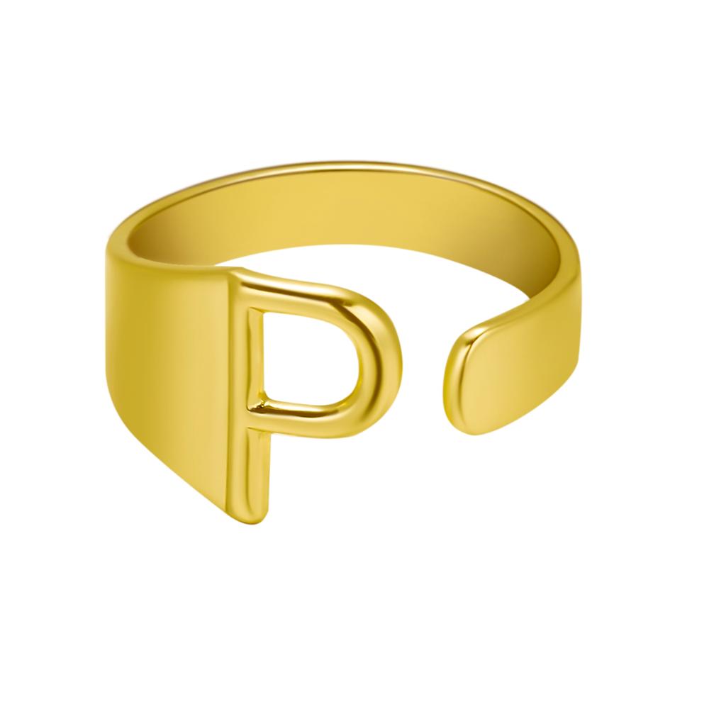 Gold ring with letter 'P' on a white background