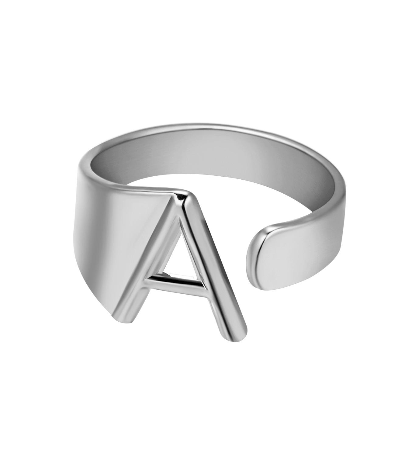 Silver ring with letter 'A' on a white background