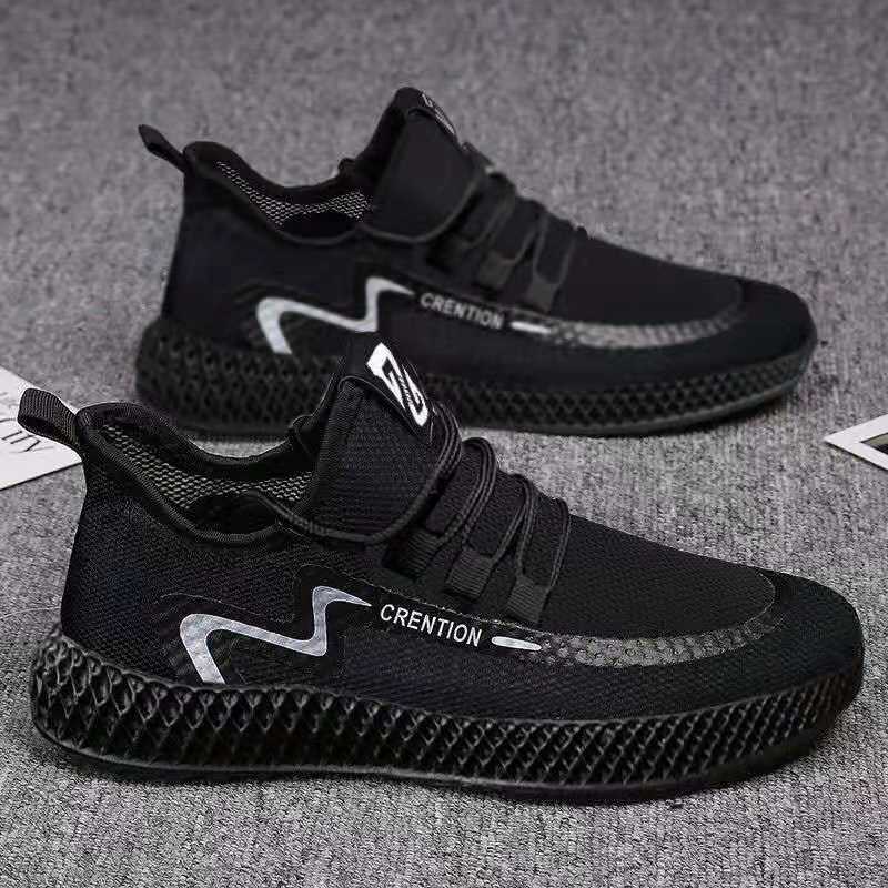 Black athletic shoes with 'Crenition' branding on a gray surface