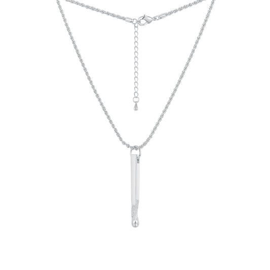 Silver necklace with a vertical bar pendant on a white background