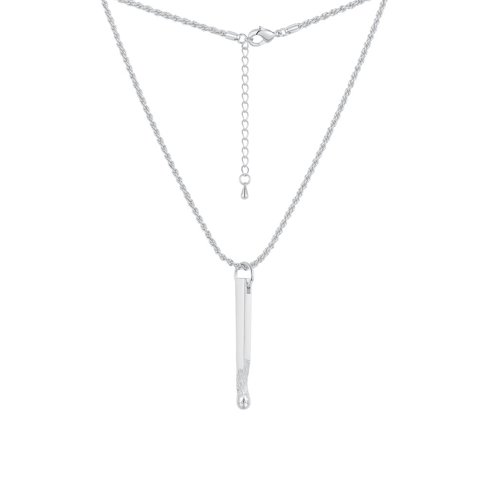 Silver necklace with a vertical bar pendant on a white background