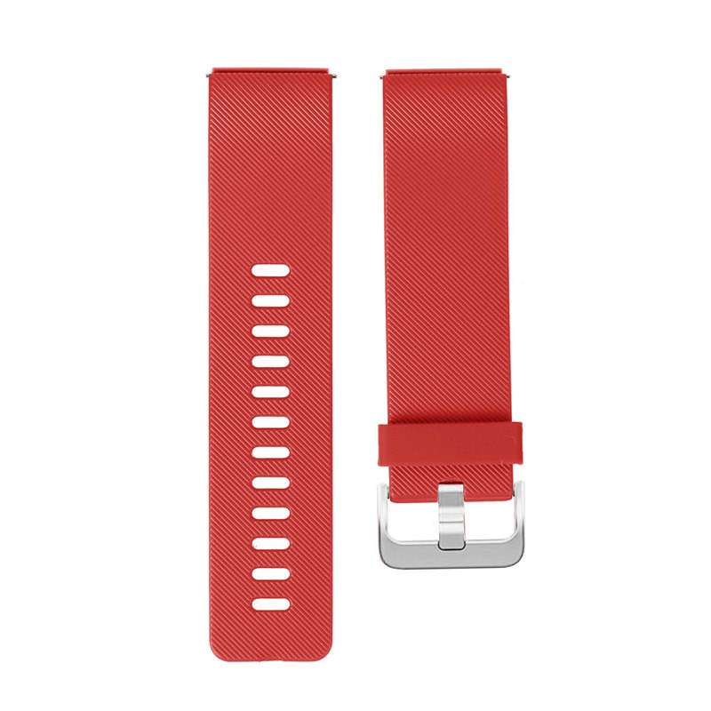 Red watch strap with silver buckle on a white background
