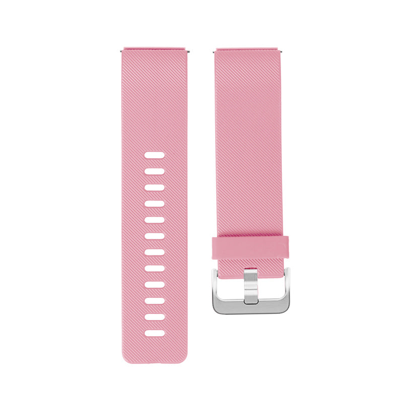 Pink watch strap with silver buckle on a white background
