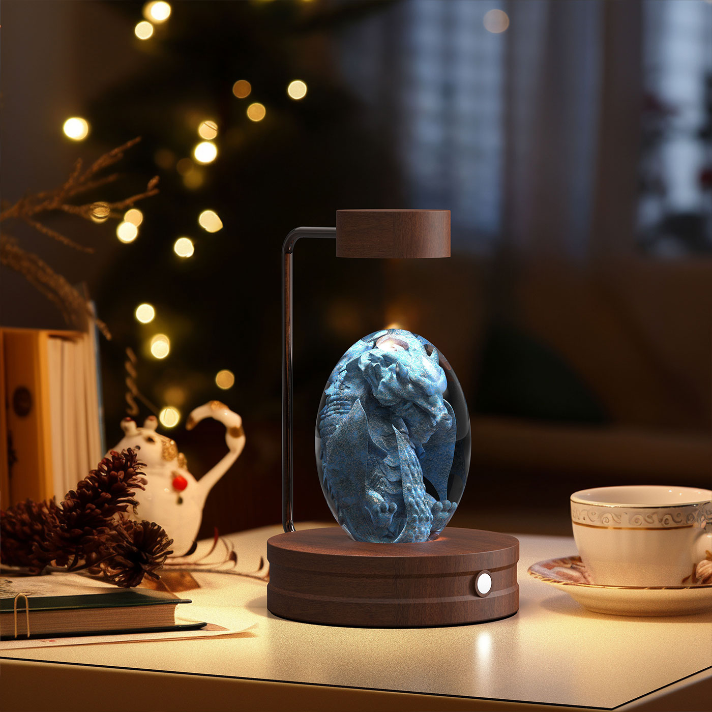 Decorative lamp with a blue glass sphere on a wooden base, set against a warm, blurred indoor background.