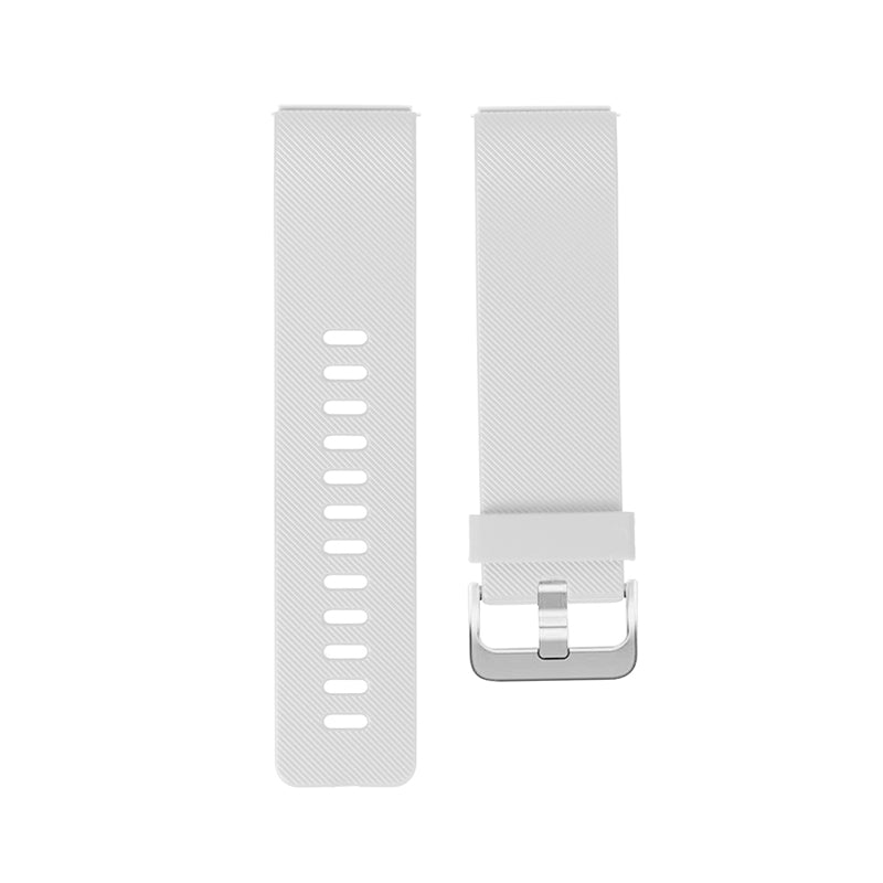 White watch strap with metal buckle on a white background