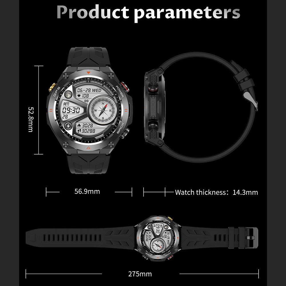 Smartwatch with detailed dimensions on a black background