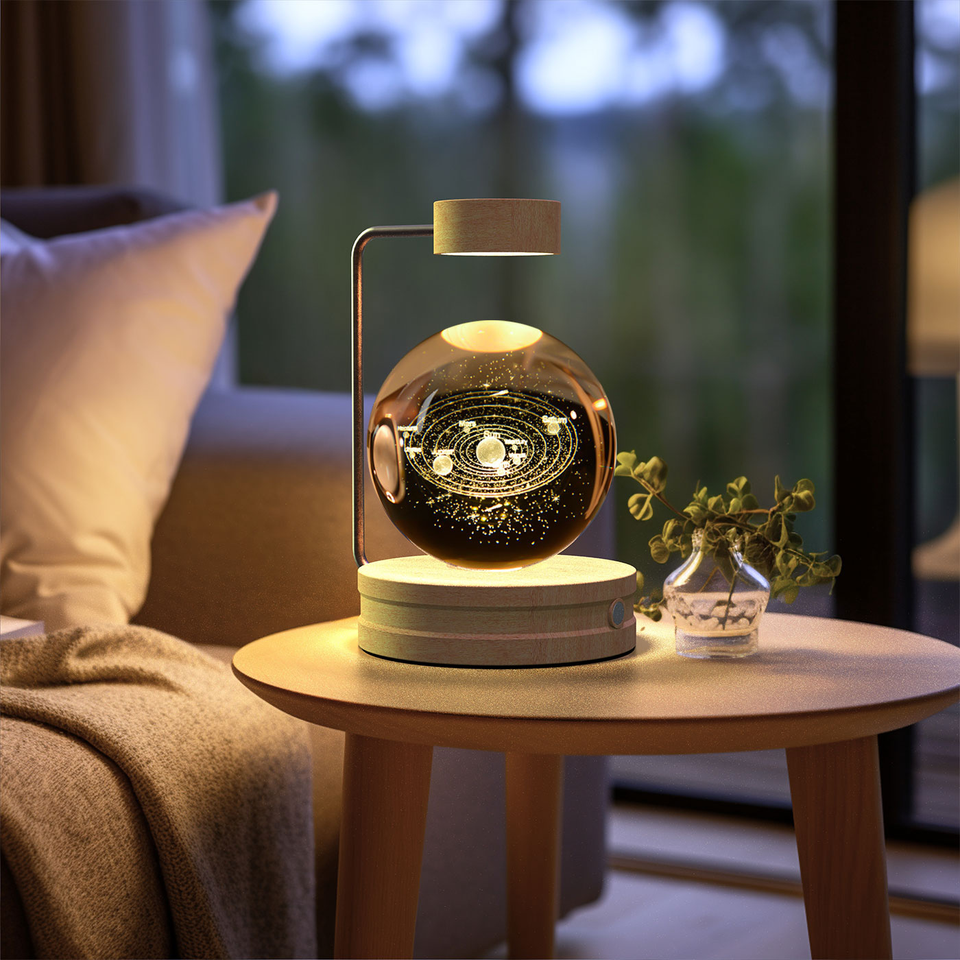 Decorative lamp on a small table in a cozy living room setting