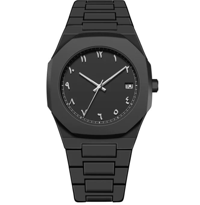 Black wristwatch with a plain background