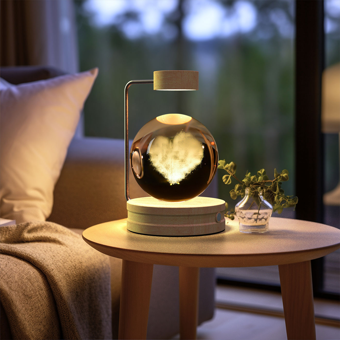 Modern table lamp on a wooden side table with a blurred background