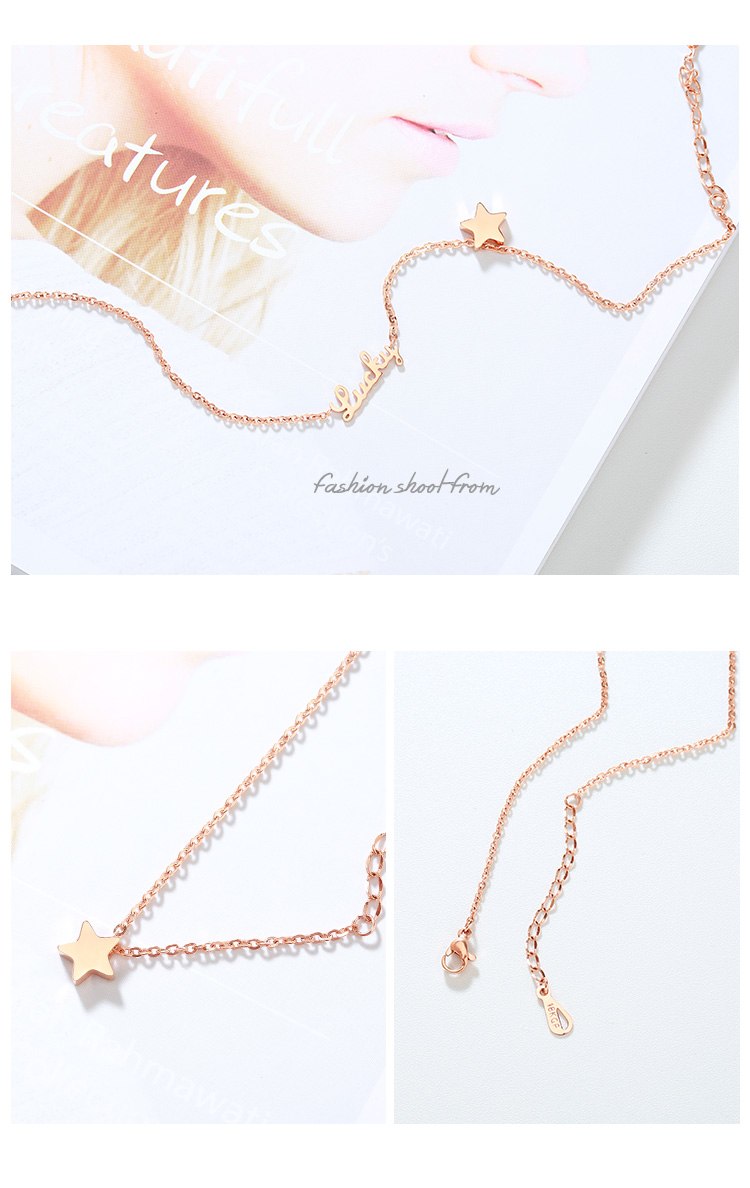 Rose gold necklaces with star and letter pendants on a white background