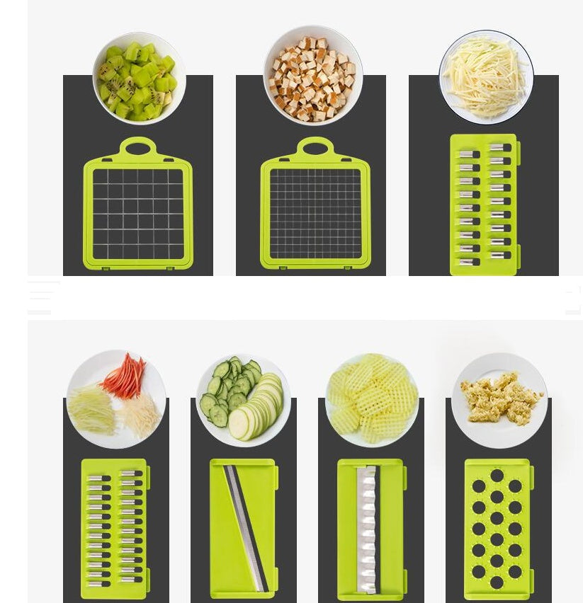 Set of green kitchen tools with various attachments on a white background