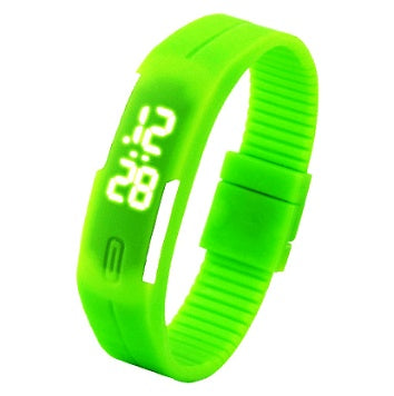 Green digital watch with a white background
