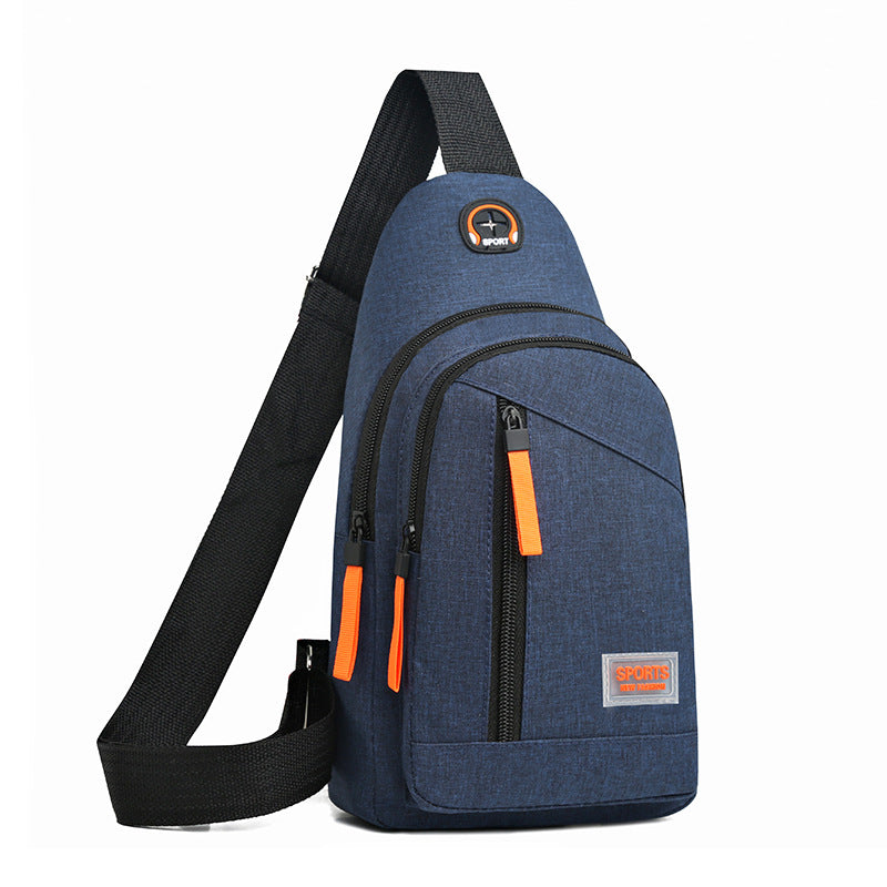 Blue sling bag with orange accents on a white background