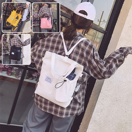 Person wearing a white backpack with inset images of different colored backpacks.