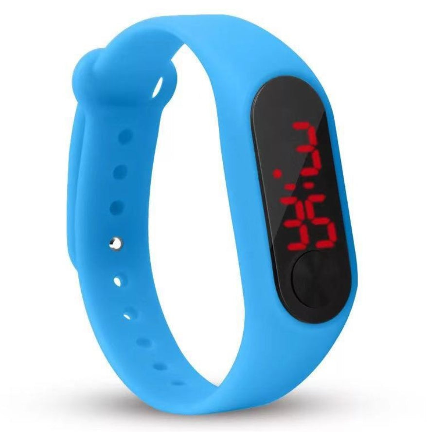 Blue digital watch with a black screen displaying red numbers on a white background