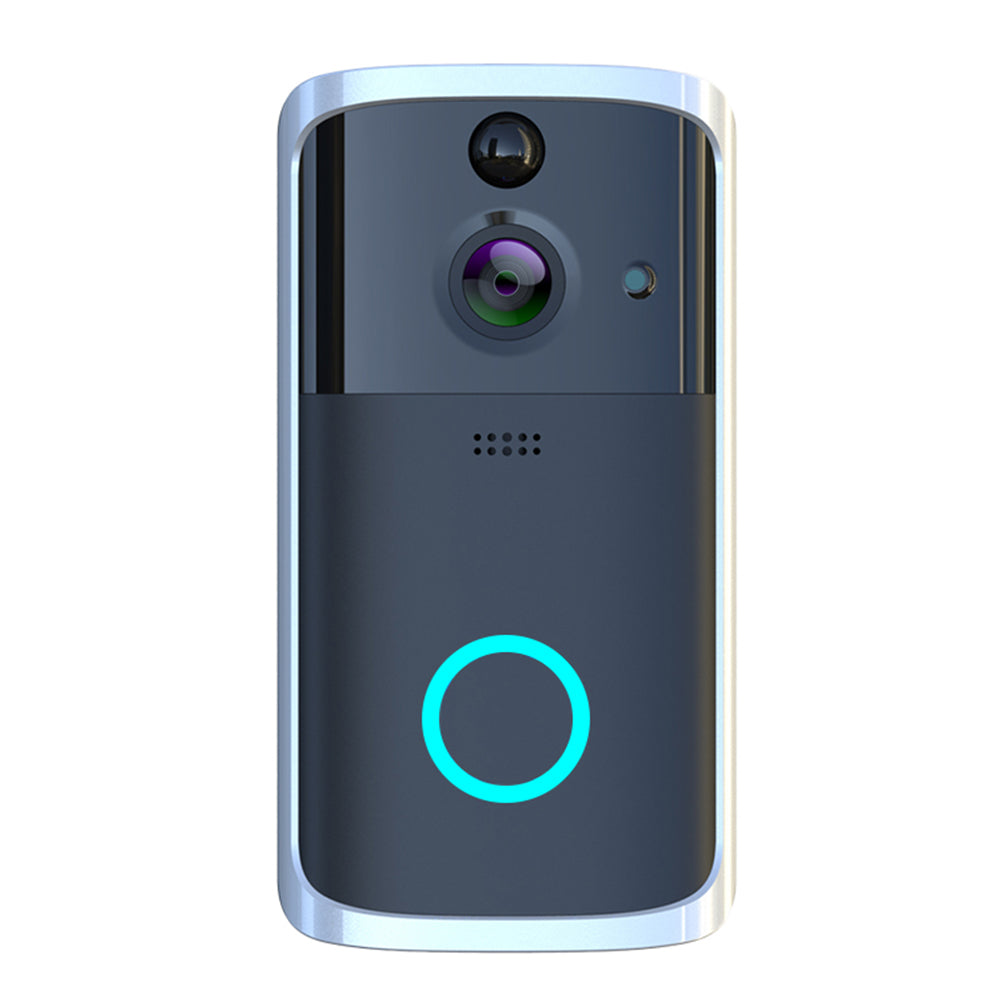 Smart doorbell with camera and blue power indicator on a white background