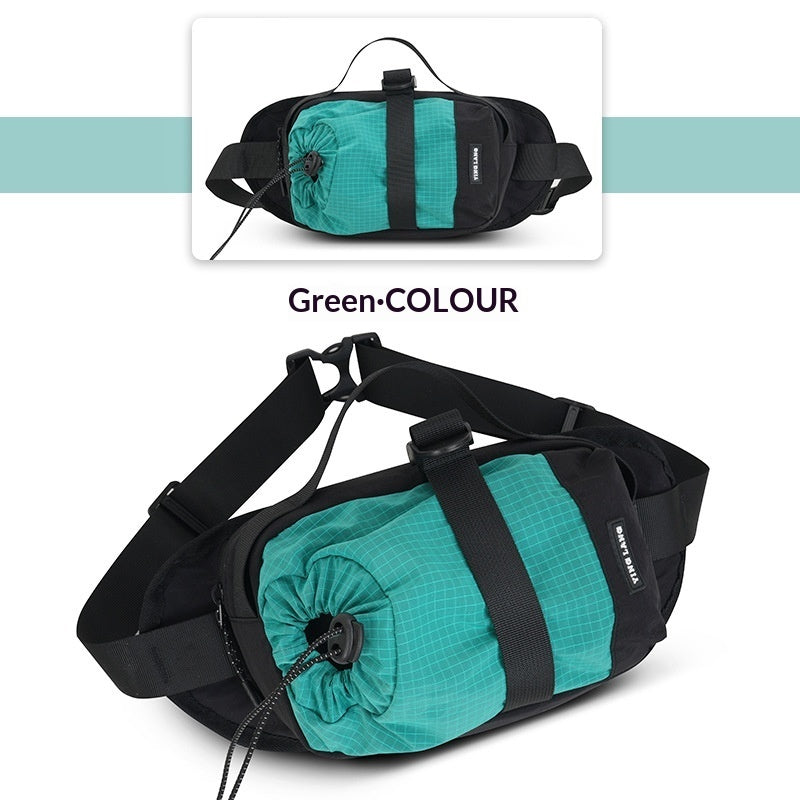 Teal and black waist bag with a close-up inset on a white background