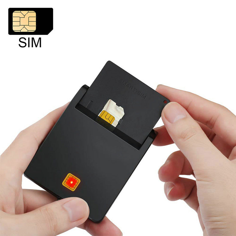 Black SIM card tray with a SIM card being inserted, on a white background.