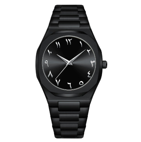 Black wristwatch with a black face on a white background