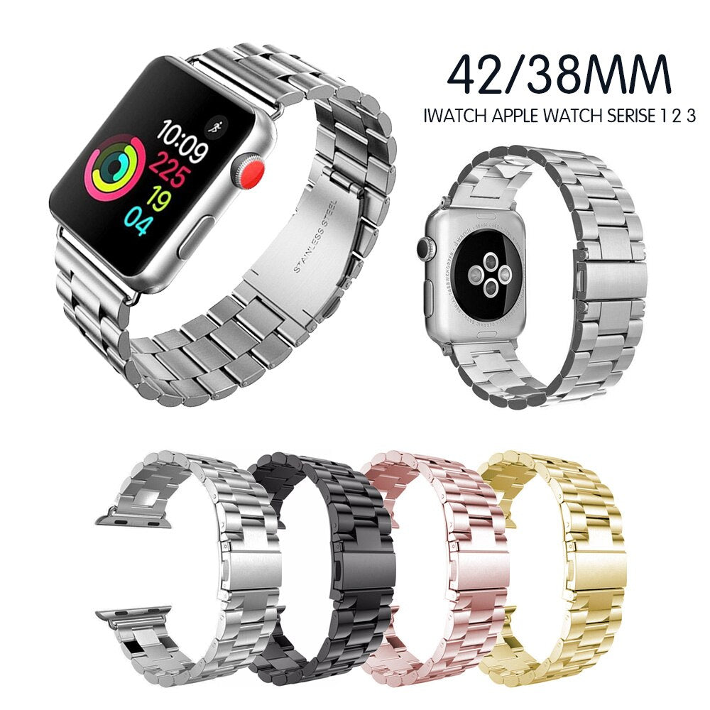 Metal watch bands for Apple Watch in various colors on a white background