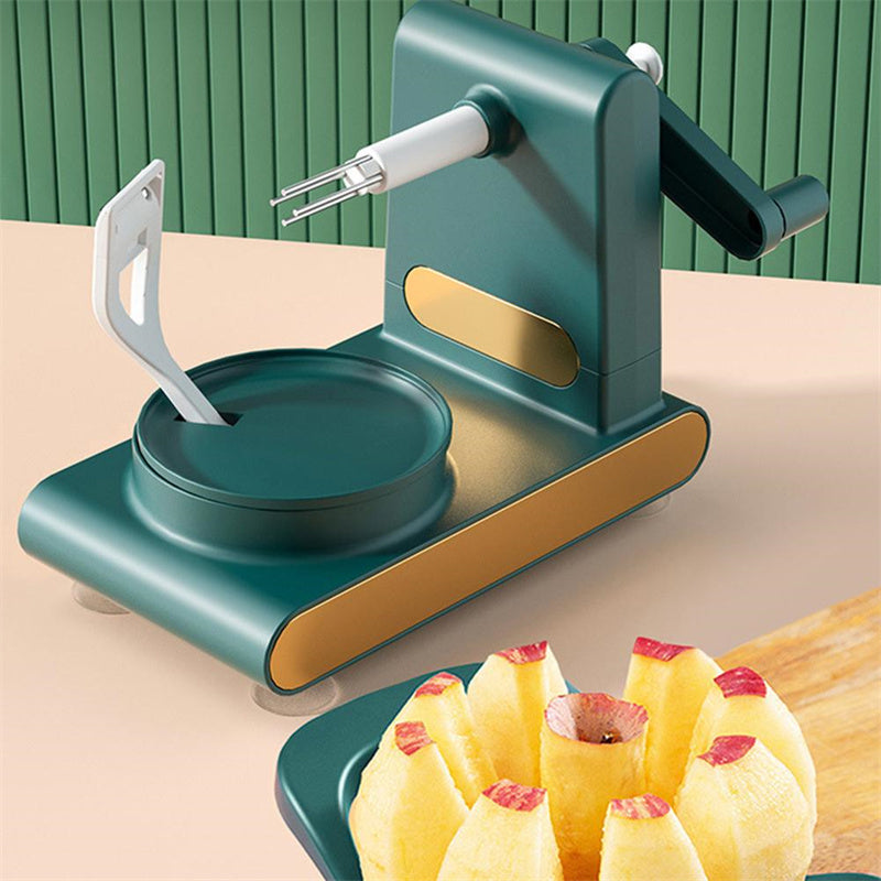 Green apple peeler with peeled apples on a beige surface