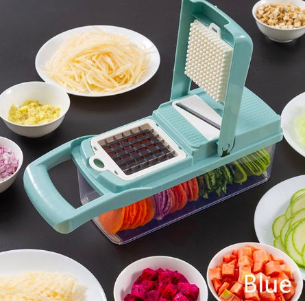 Blue vegetable chopper with sliced vegetables on a dark surface