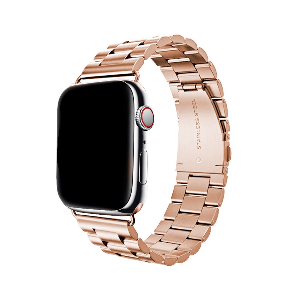Smartwatch with a rose gold metal band on a white background