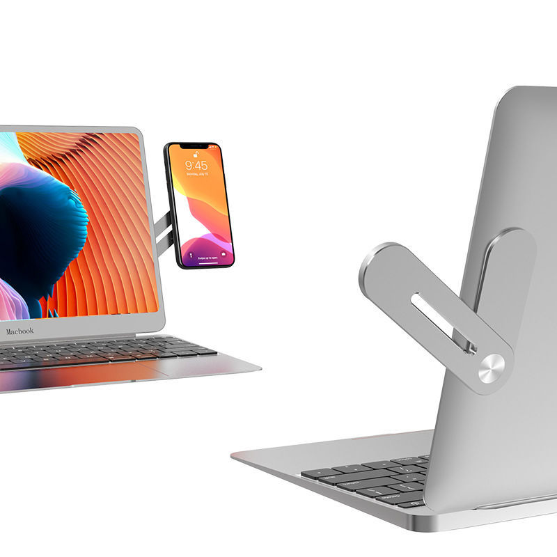 Laptop, smartphone, and stand on a white background