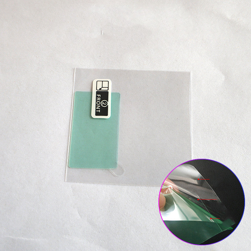 Clear protective film with a brand label on a white background, with a close-up inset showing the film being applied.