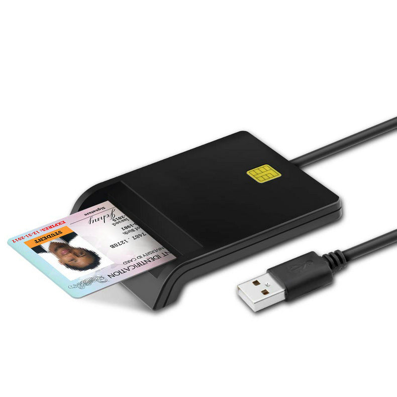 Black USB card reader with a USB cable on a white background