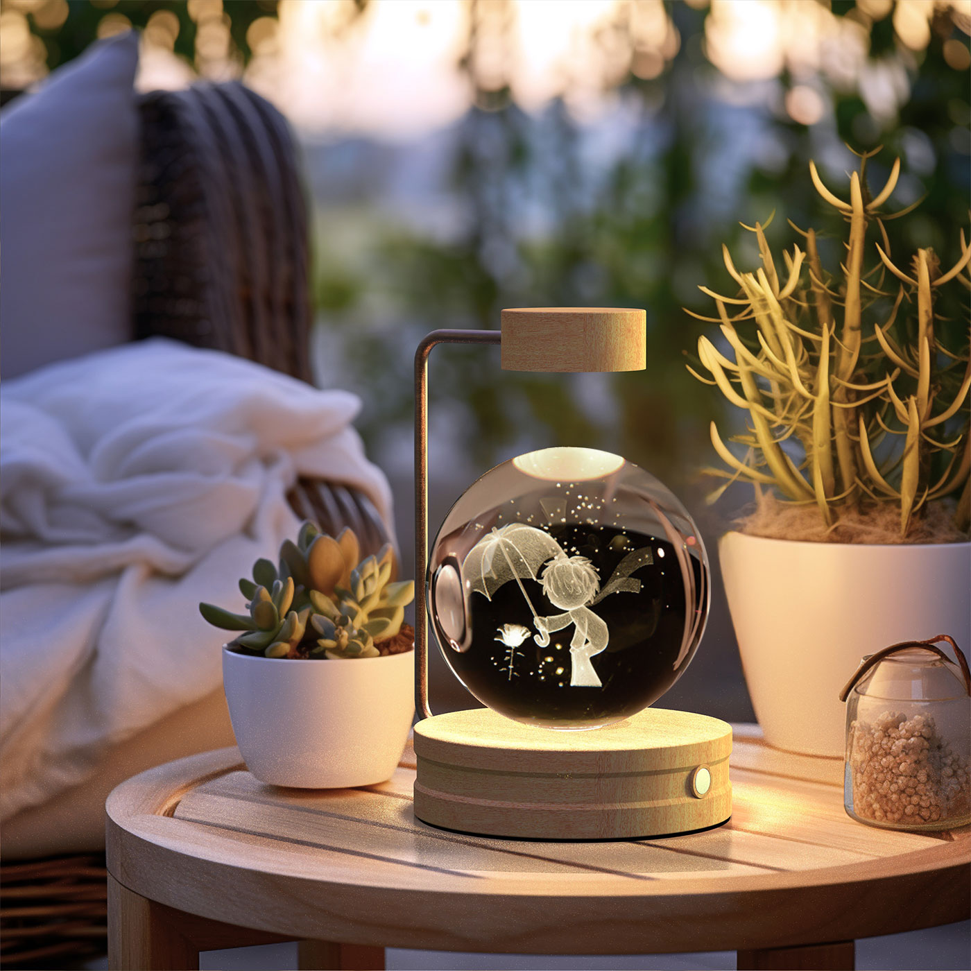 Decorative lamp on a table with plants and blurred outdoor background