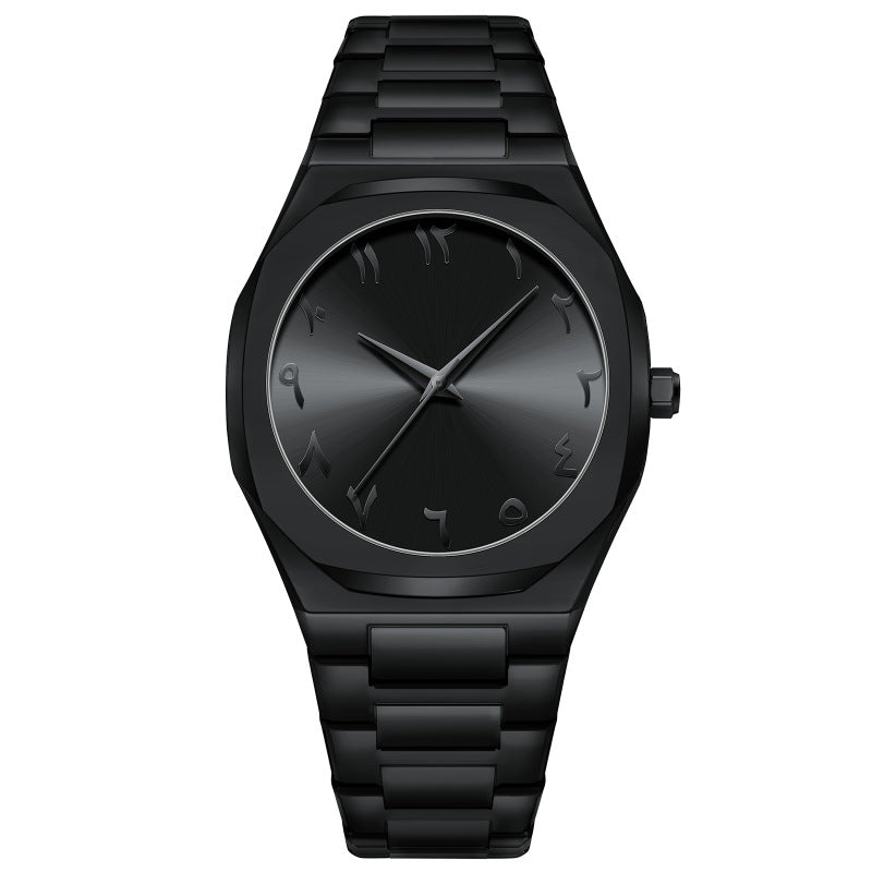 Black wristwatch with a minimalist design on a white background