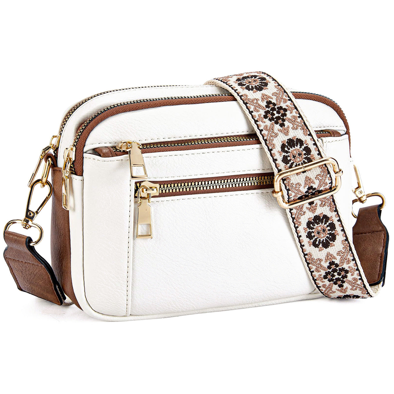 Floral Embroidered Crossbody Bag - Triple-Zip Colorblock Shoulder Bag for Women