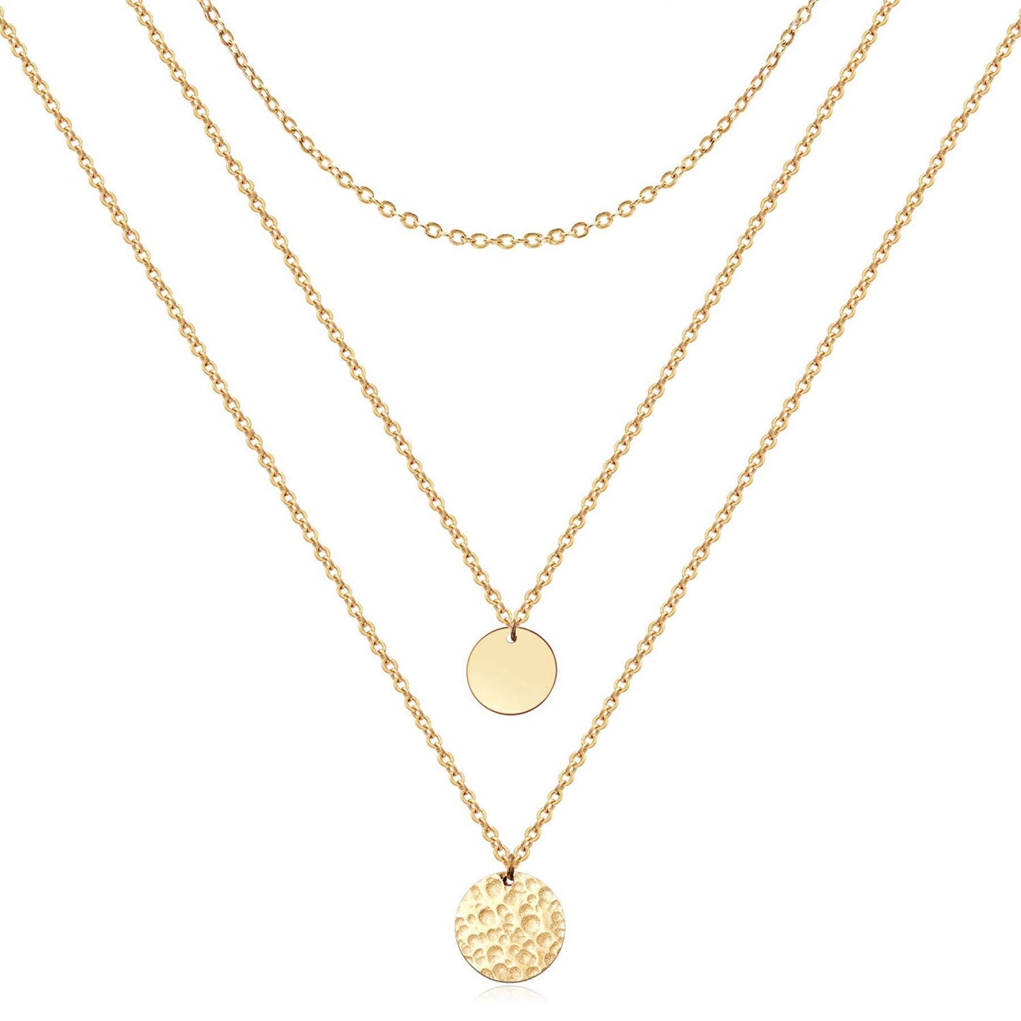 Two gold necklaces with round pendants on a white background