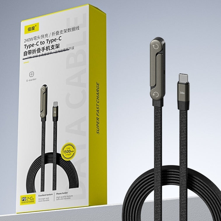 Black USB-C cable with phone holder next to its packaging on a gray background