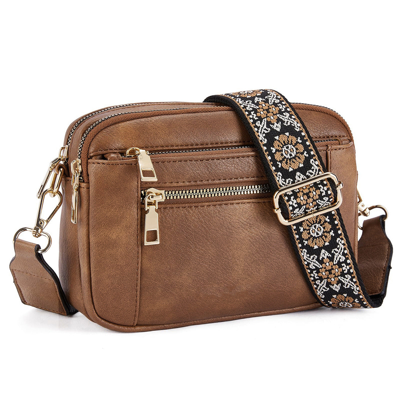 Floral Embroidered Crossbody Bag - Triple-Zip Colorblock Shoulder Bag for Women