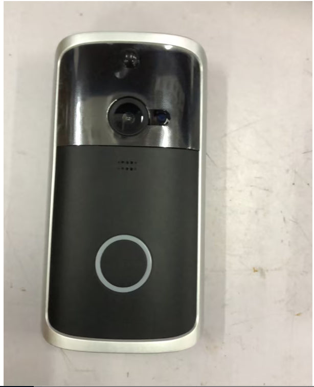 Black and silver doorbell camera on a light gray background