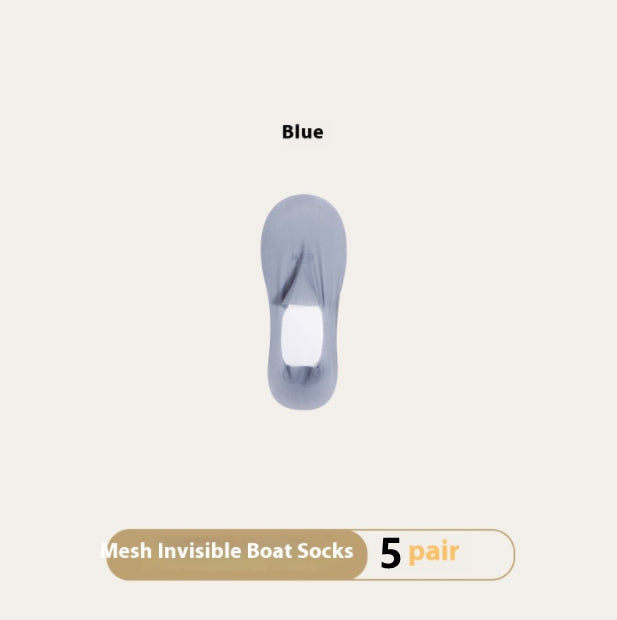 Blue mesh invisible boat sock on a beige background with text indicating '5 pair' and color 'Blue'.